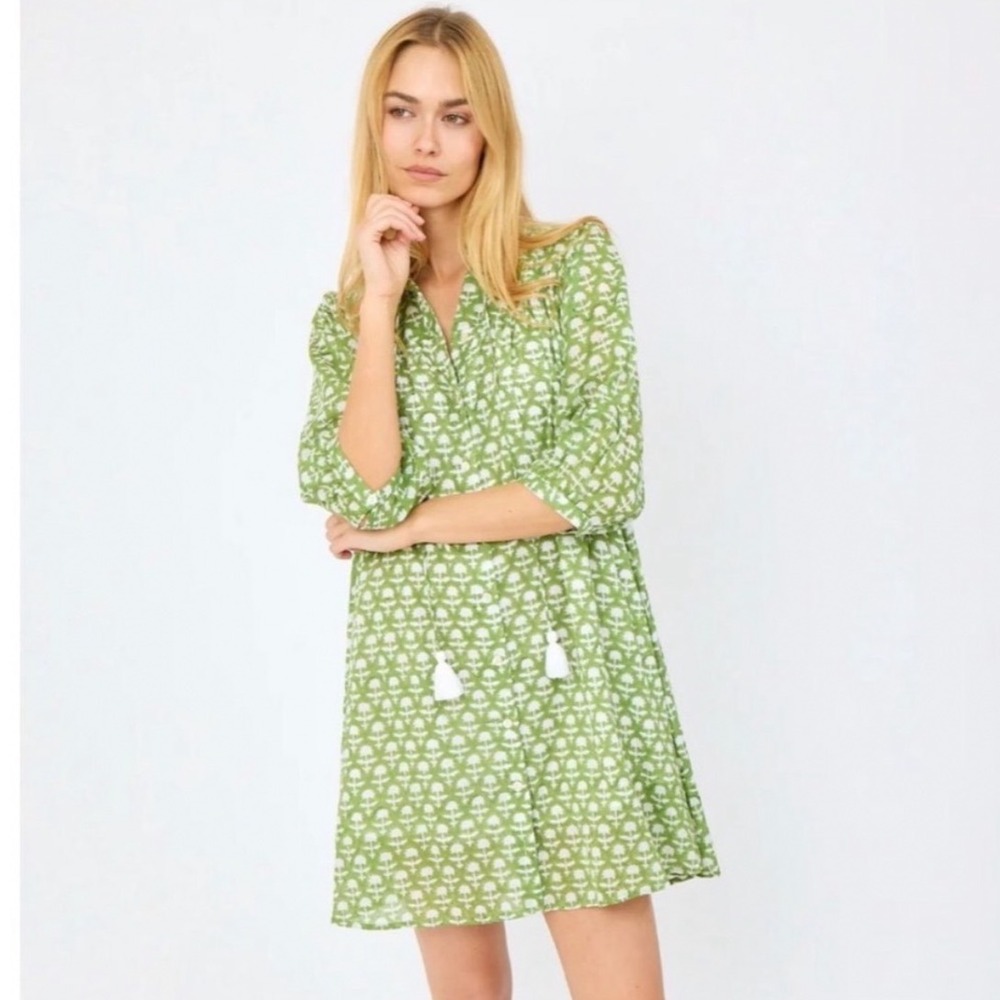 Light Green Printed Mini Dress with Tassel Tie